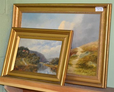 Lot 1219 - Small gilt framed oil on canvas, river scene, inscribed to verso 'Near Coalbrookdale'; and an...