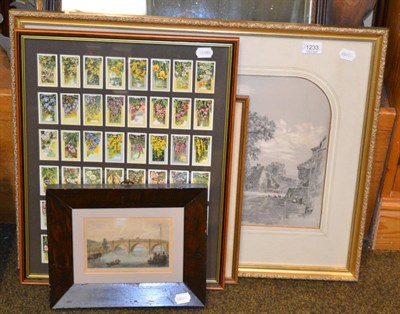 Lot 1233 - Framed pencil drawing heightened in white of a country Church, signed Hitchinson, framed map of...