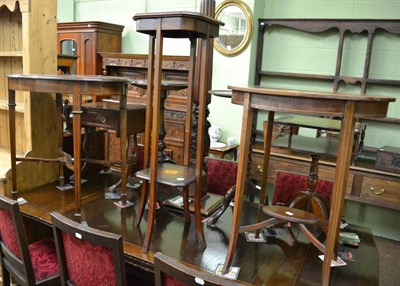 Lot 1276 - Edwardian oval two tier occasional table, another similar and a plant stand