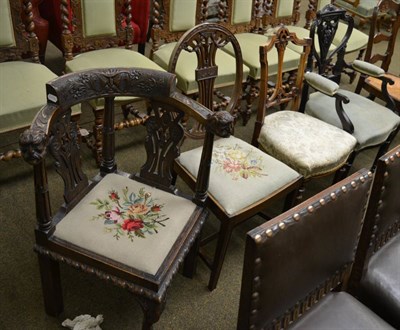 Lot 1337 - Carved oak corner armchair, carved Edwardian open armchair, two other chairs