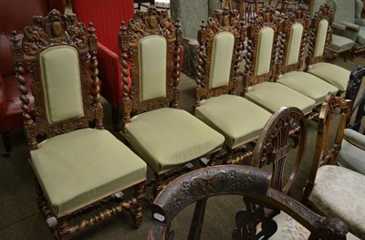 Lot 1338 - A set of six late 19th century oak dining chairs