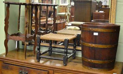 Lot 1379 - A brass bound and staved bucket, a rush seated stool and a poker work table