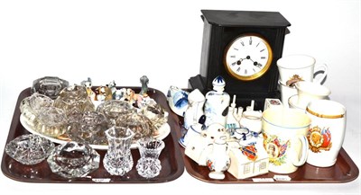 Lot 11 - A black state mantel clock, crested china, wade figures, glass ware etc (on two trays)
