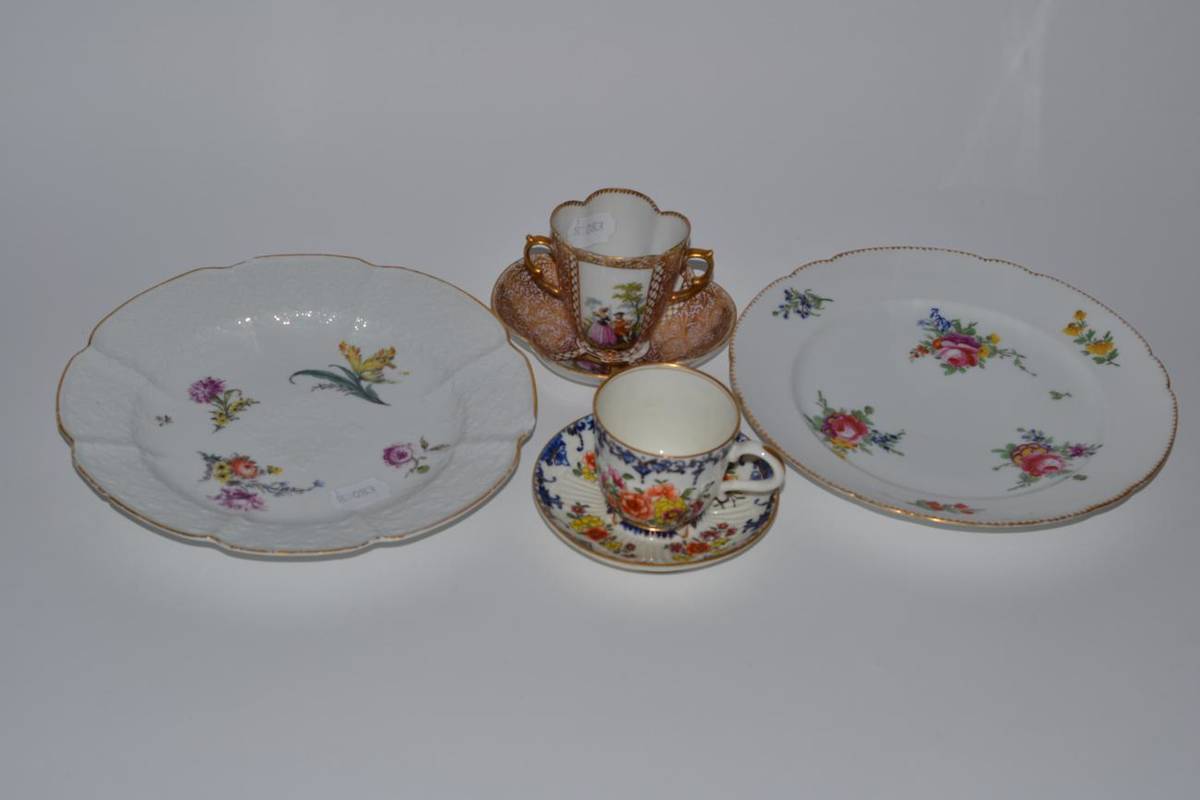 Lot 13 - An 18th century Meissen bowl, two Continental cups and saucers, one marked underneath 'AR' and...