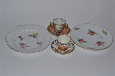 Lot 13 - An 18th century Meissen bowl, two Continental cups and saucers, one marked underneath 'AR' and...
