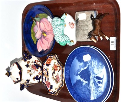 Lot 18 - A tray of collectables including silver cigarette case, Herend figure, Moorcroft dish, Royal...