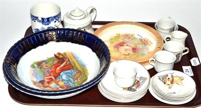 Lot 24 - A child's tea set, baby plate, Wade lady, two Vienna style bowls and a Burleigh ware jar