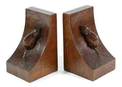 Lot 563 - Mouseman: A Pair of Robert Thompson English Oak Single Mouse Bookends, each with carved mouse...