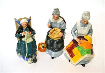 Lot 48 - Three Royal Doulton figures Twilight HN2256, Embroidering HN2855 and Eventide HN2814