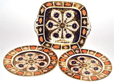 Lot 54 - Royal Crown Derby Imari; a pair of plates, and a twin handled square dish, pattern number 1128