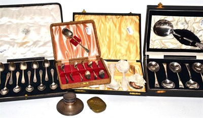 Lot 66 - Set of twelve silver teaspoons, silver inkwell, brass snuff box and three cased sets of plated ware