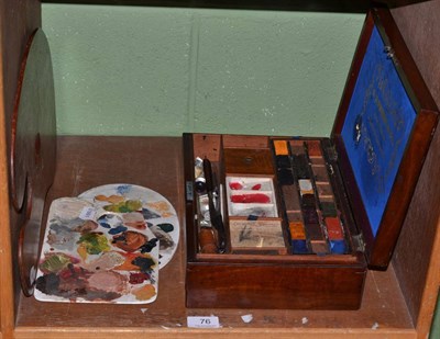 Lot 76 - A Rowney mahogany watercolour box with original tablets and three palettes