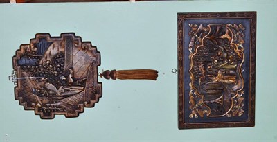 Lot 84 - Two 20th century Chinese carved panels, figural landscape designs, embellished (2)