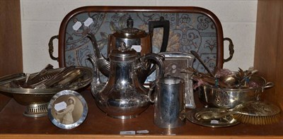 Lot 88 - Two silver photograph frames, silver backed brush, plated ware, Victorian beadwork stand etc