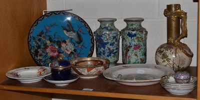 Lot 93 - A Quimper tin glazed charger, Doulton vase, cloisonne charger, four Noritake dishes, pair of...