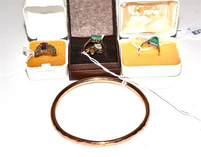 Lot 97 - 9ct rose gold bangle, two 9ct gold dress rings and three other rings