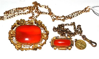 Lot 110 - A figaro link chain, stamped '9K', two agate brooches, a brooch and a St Christopher pendant,...