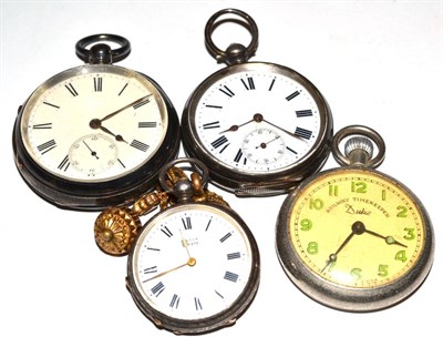 Lot 114 - A silver pocket watch, a pocket watch with case stamped 0.935, a fob watch stamped 0.935 and a...