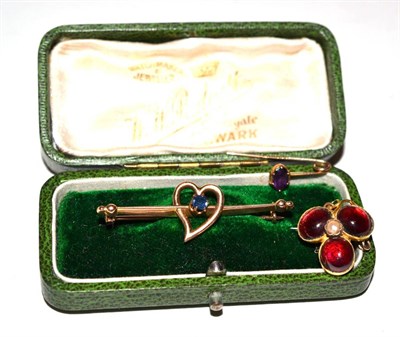 Lot 146 - An Edwardian 9ct gold amethyst set bar brooch together with a garnet set pin and an amethyst...