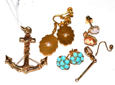 Lot 164 - A pair of seed pearl set earrings, a pair of turquoise stud earrings, an opal pendant and an anchor