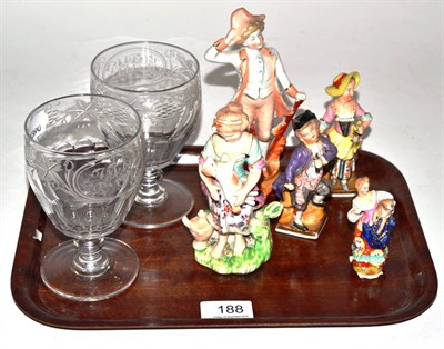 Lot 188 - A pair of 19th century rummers, Derby figure, a pair of Steindorf figures and two other figures
