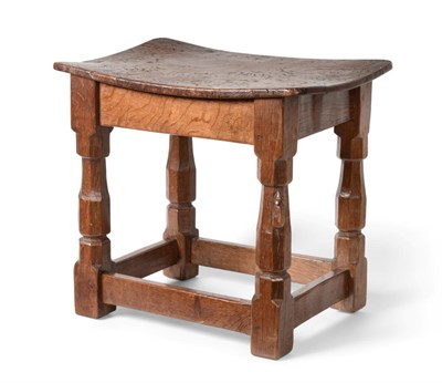 Lot 581 - Mouseman: A Robert Thompson Burr Oak Dish Top Stool, on four octagonal legs joined by...