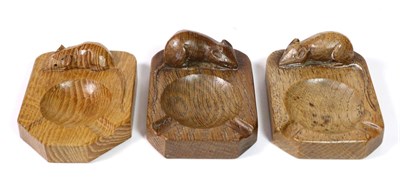 Lot 582 - Mouseman: Three Robert Thompson English Oak Ashtrays, of plain rectangular form, each with...