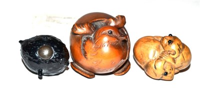 Lot 234 - Two carved netsukes; a hatchling and two dogs together with a small gourd pendant