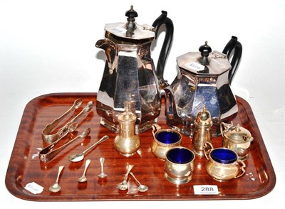 Lot 288 - A silver condiment set, silver mustard spoons, etc
