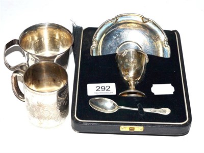 Lot 292 - A cased christening set comprising dish, egg cup and spoon, together with two silver...