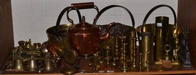 Lot 307 - A quantity of brassware comprising three jam pans, kettle and trivet, candlesticks, shell...