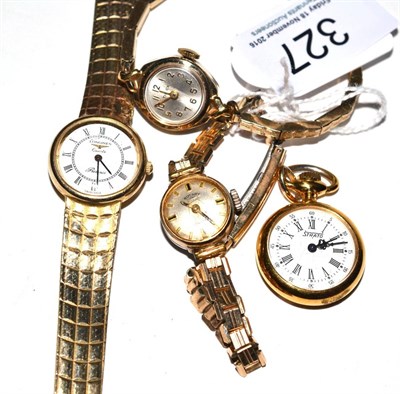 Lot 327 - A lady's wristwatch, signed Longines, case stamped 9K375, two other lady's watches and a gilt metal