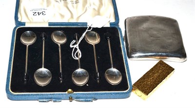 Lot 342 - A cased set of six silver coffee bean spoons, Birmingham 1929 and a silver cigarette box and a...