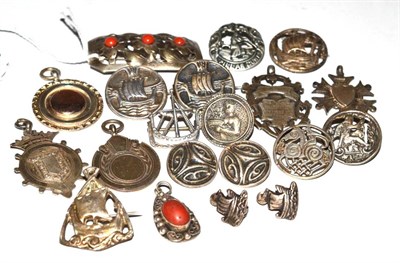 Lot 363 - Five Norwegian brooches and a pair of earrings, a coral brooch, a coral pendant and five silver...