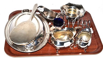 Lot 372 - A silver bonbon dish, a tea strainer and a hand mirror, also, a collection of silver plate,...