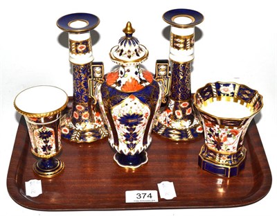 Lot 374 - Royal Crown Derby Imari; a covered urn and two small vases together with a a pair of Imari...