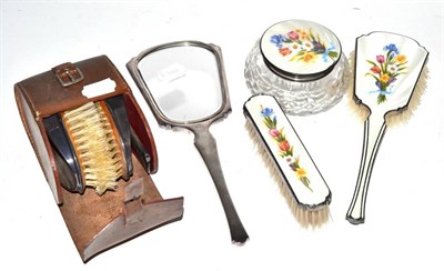 Lot 383 - A group of silver dressing table items including two enamel backed brushes and a matching...