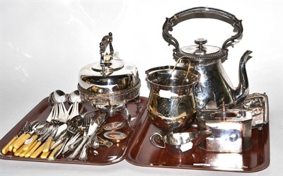 Lot 384 - Plated wares including large Victorian teapot, Sheffield plate box, candle snuffers and tray,...