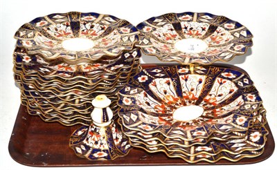 Lot 389 - Royal Crown Derby Imari; a part dessert service comprising twelve plates, two lozenge form...