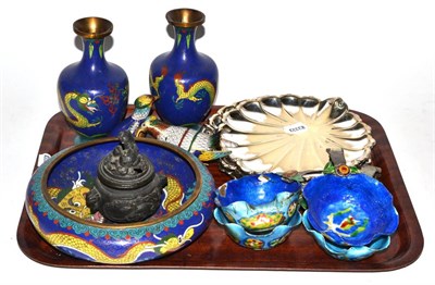 Lot 391 - A quantity of Oriental cloisonne items including two birds, pair of vases, shallow bowl,...