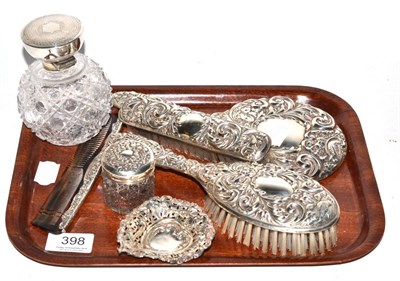 Lot 398 - Silver and cut glass scent bottle, four piece silver filled dressing table set, silver heart...