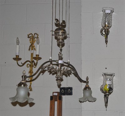 Lot 1078 - A pair of brass twin light wall sconces and other light fittings