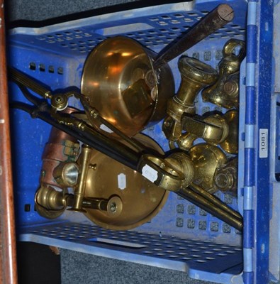 Lot 1081 - Quantity of brass and metalware including weights, sauce pan, candlesticks, miner's lamp, etc