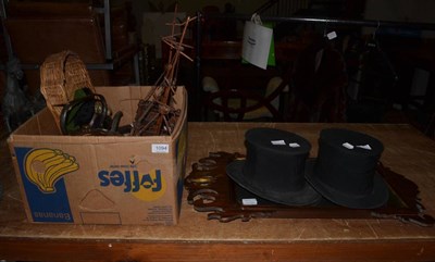 Lot 1094 - A group including fretwork mirror, pop-up top hats, copper kettle, flat iron, model boat, etc