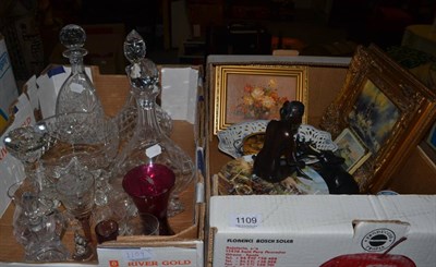 Lot 1109 - A quantity including cut crystal, framed pictures, china, ebony elephants etc (in two boxes)