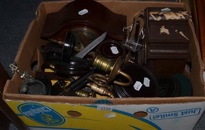 Lot 1132 - A box of miscellaneous clocks, lights, wooden stands etc (qty)