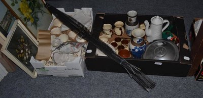 Lot 1134 - Assorted china, knife and scabbard, paperweights, prints, Morris hub caps etc