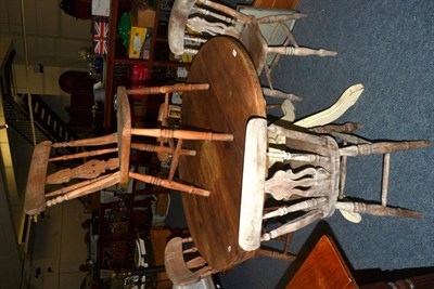 Lot 1159 - Pine circular pedestal kitchen table, set of four kitchen chairs and one other (6)