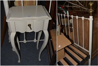 Lot 1169 - A white painted metal double bed, together with a pair of white painted bedside chests of drawers