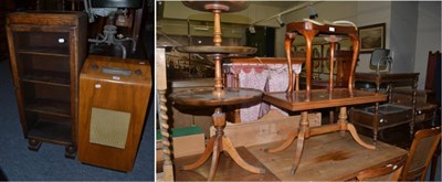 Lot 1181 - An oak three tier dumb waiter, a reproduction coffee table, a piano stool, two tier whatnot,...